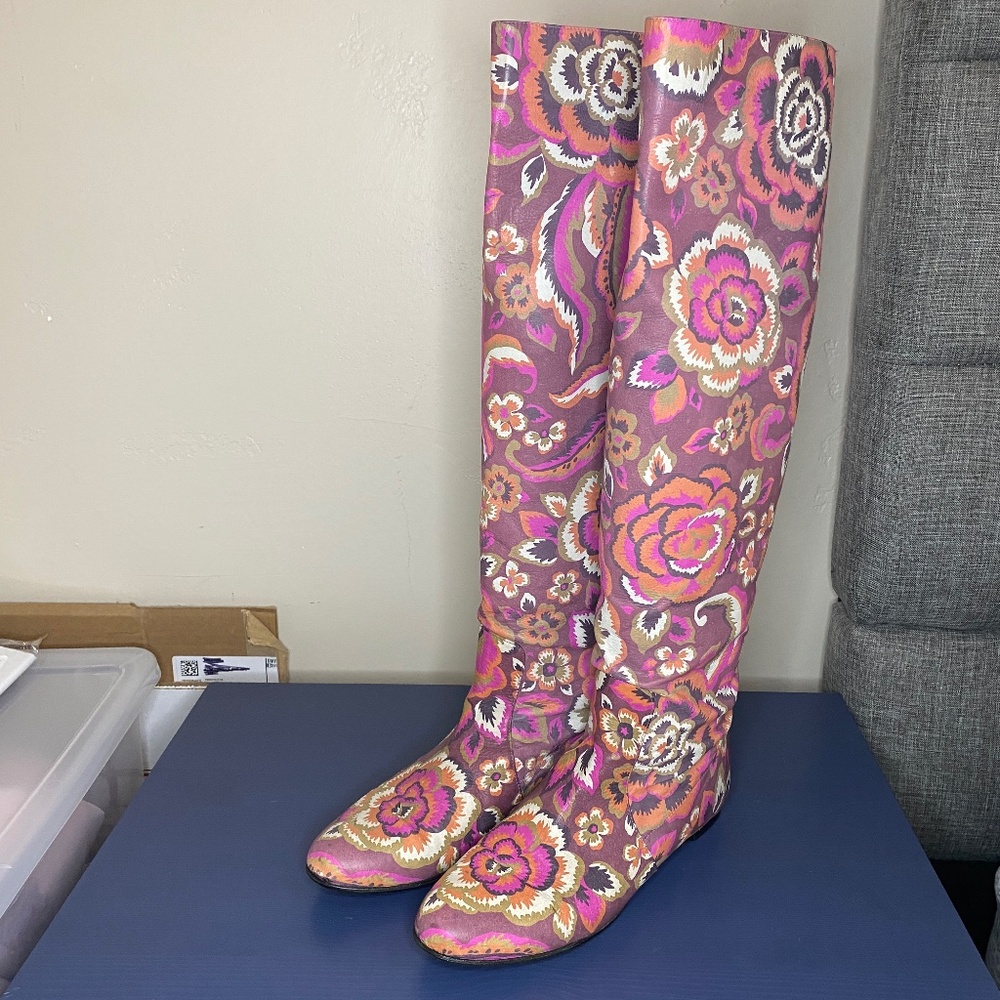 Baldinini Leather Floral Print Tall Boots Purple Pink Made in Italy 38 EU/IT